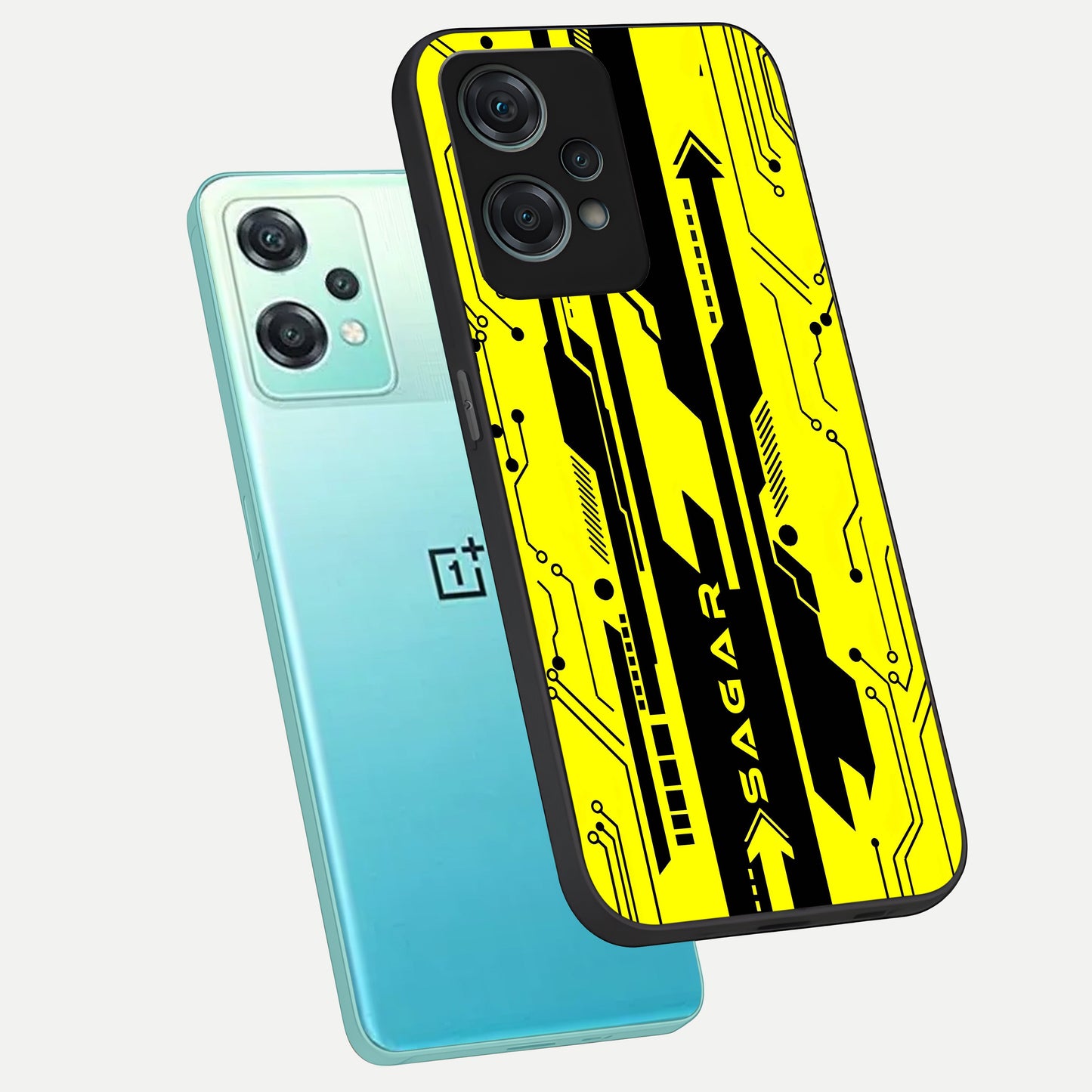  Electric Pulse CYBERPUNK Custom Name phone case For Oneplus Nord CE2 Lite showing premium glass back cover with detailed artwork