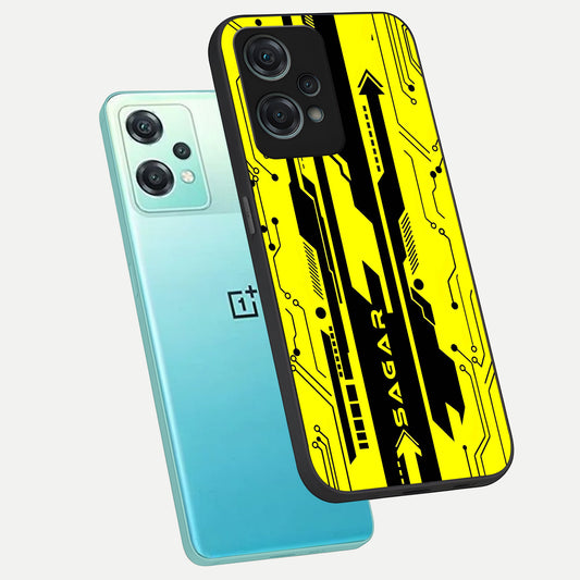  Electric Pulse CYBERPUNK Custom Name phone case For Oneplus Nord CE2 Lite showing premium glass back cover with detailed artwork
