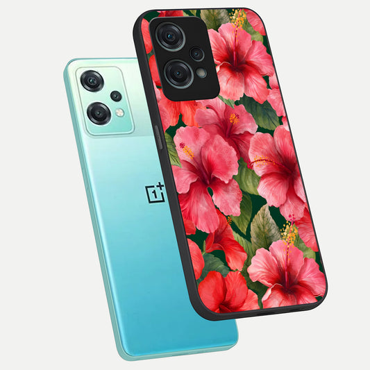  Hibiscus Pattern phone case For Oneplus Nord CE2 Lite showing premium glass back cover with detailed artwork