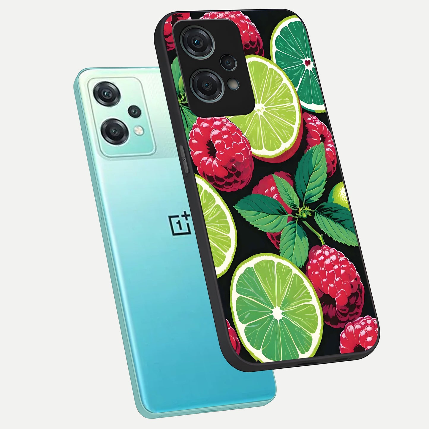  Lime and Raspberry Pattern phone case For Oneplus Nord CE2 Lite showing premium glass back cover with detailed artwork