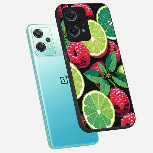  Lime and Raspberry Pattern phone case For Oneplus Nord CE2 Lite showing premium glass back cover with detailed artwork