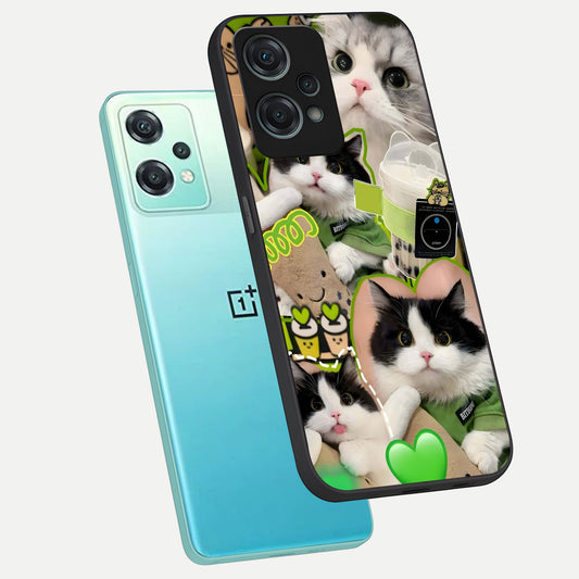  Matcha Cats Mood phone case For Oneplus Nord CE2 Lite showing premium glass back cover with detailed artwork