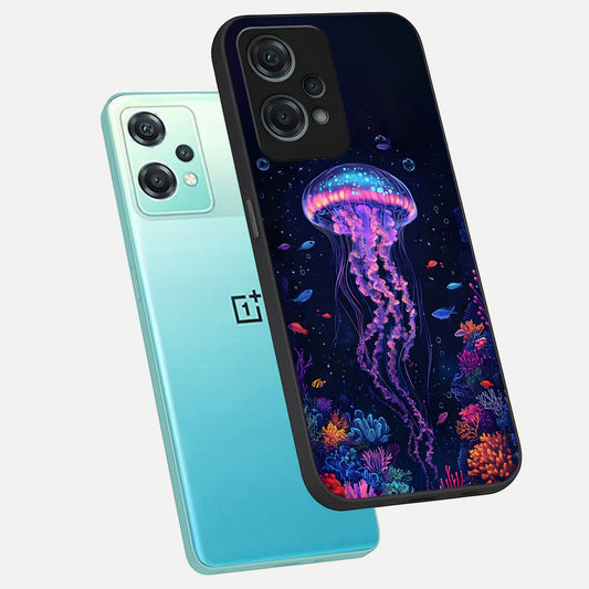  Neon Jellyfish phone case For Oneplus Nord CE2 Lite showing premium glass back cover with detailed artwork