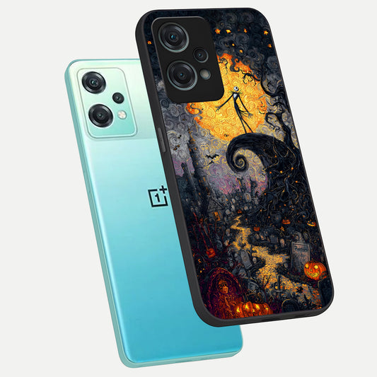  Pumpkin Moon Night phone case For Oneplus Nord CE2 Lite showing premium glass back cover with detailed artwork