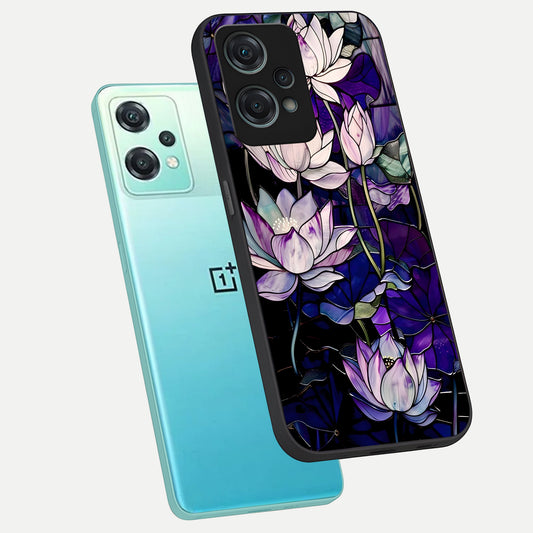  Purple Lotus Pattern phone case For Oneplus Nord CE2 Lite showing premium glass back cover with detailed artwork
