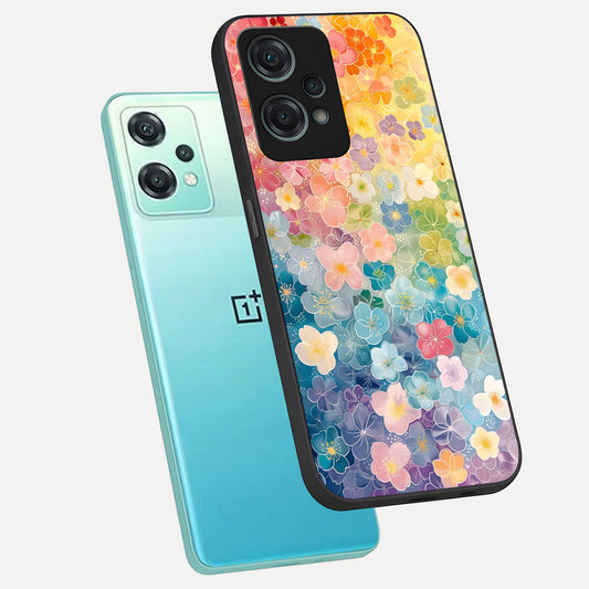  Rainbow Blossom Burst phone case For Oneplus Nord CE2 Lite showing premium glass back cover with detailed artwork
