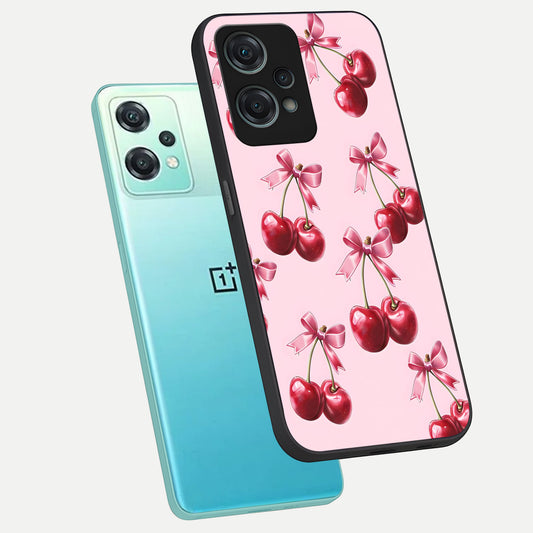  Red Cherries Pattern phone case For Oneplus Nord CE2 Lite showing premium glass back cover with detailed artwork