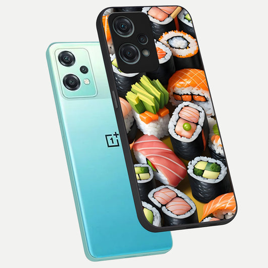  Sushi Food Pattern phone case For Oneplus Nord CE2 Lite showing premium glass back cover with detailed artwork