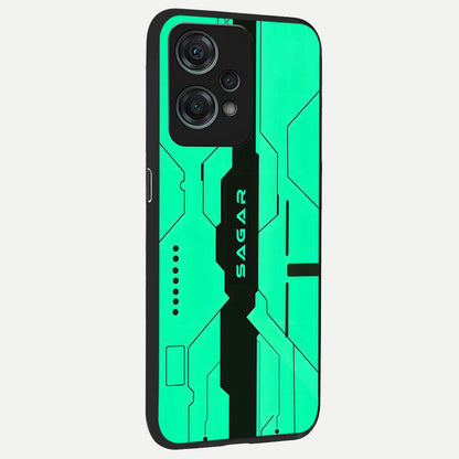  Aqua Tech CYBERPUNK Custom Name back cover For Oneplus Nord CE2 Lite slim fit glass case with vibrant aesthetic design