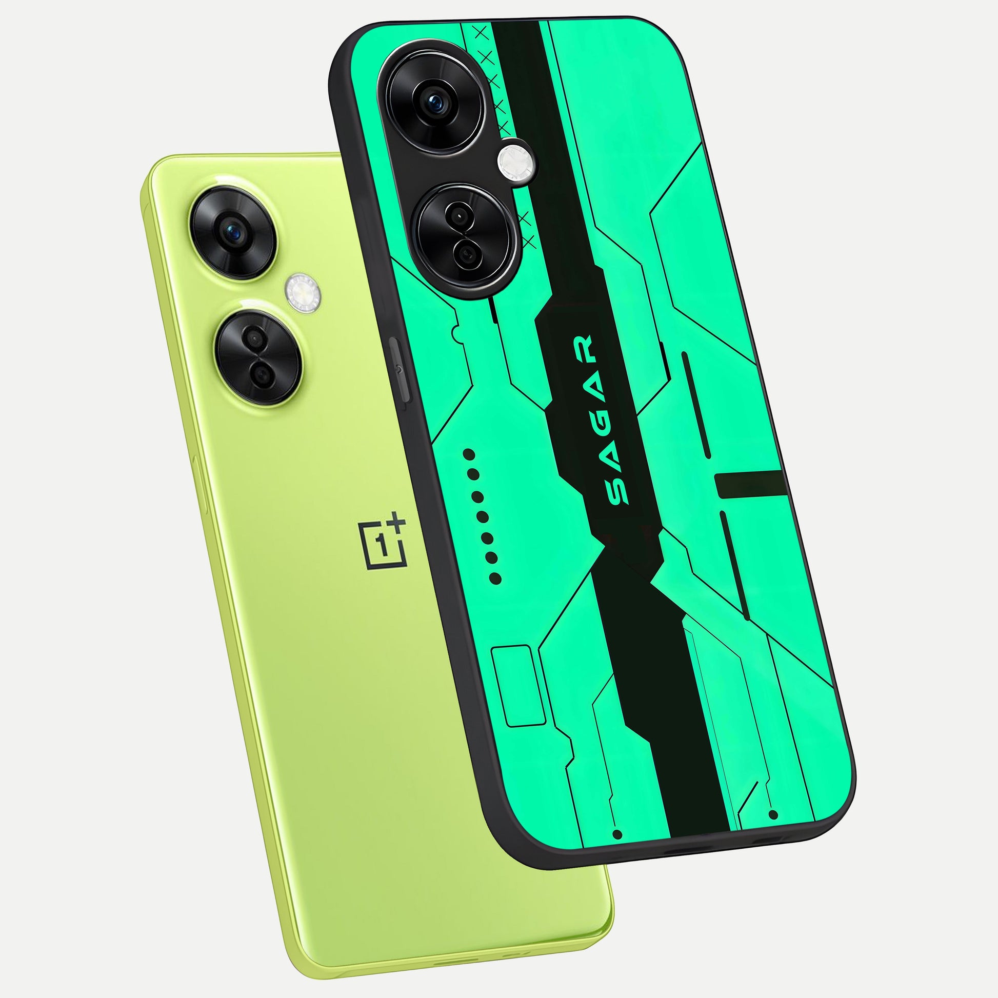 Aqua Tech CYBERPUNK Custom Name phone case For Oneplus Nord CE3 Lite showing premium glass back cover with detailed artwork