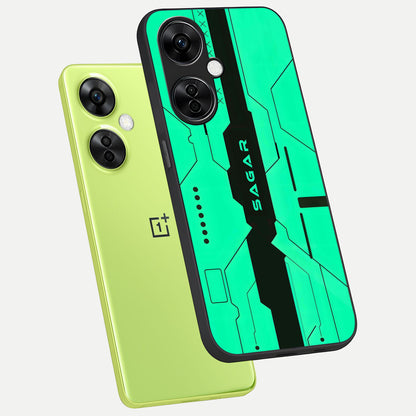  Aqua Tech CYBERPUNK Custom Name phone case For Oneplus Nord CE3 Lite showing premium glass back cover with detailed artwork