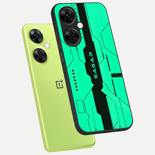  Aqua Tech CYBERPUNK Custom Name phone case For Oneplus Nord CE3 Lite showing premium glass back cover with detailed artwork