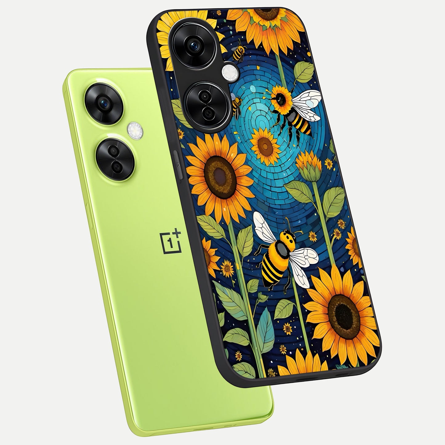  Bees And Sunflowers phone case For Oneplus Nord CE3 Lite showing premium glass back cover with detailed artwork