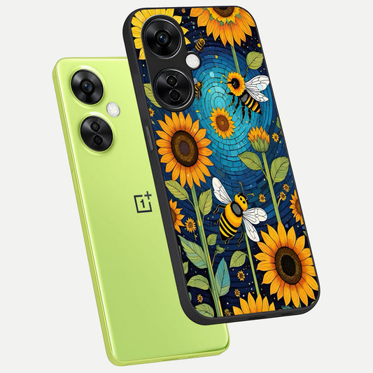  Bees And Sunflowers phone case For Oneplus Nord CE3 Lite showing premium glass back cover with detailed artwork