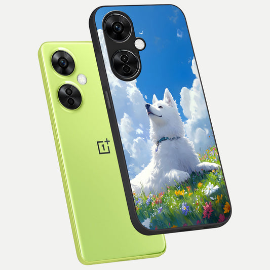  Blissful Cloud Pup phone case For Oneplus Nord CE3 Lite showing premium glass back cover with detailed artwork