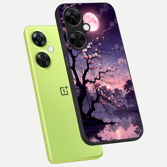  Blossom Pink Moon phone case For Oneplus Nord CE3 Lite showing premium glass back cover with detailed artwork