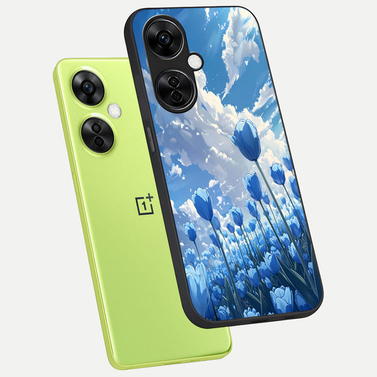  Blue Tulip Clouds phone case For Oneplus Nord CE3 Lite showing premium glass back cover with detailed artwork