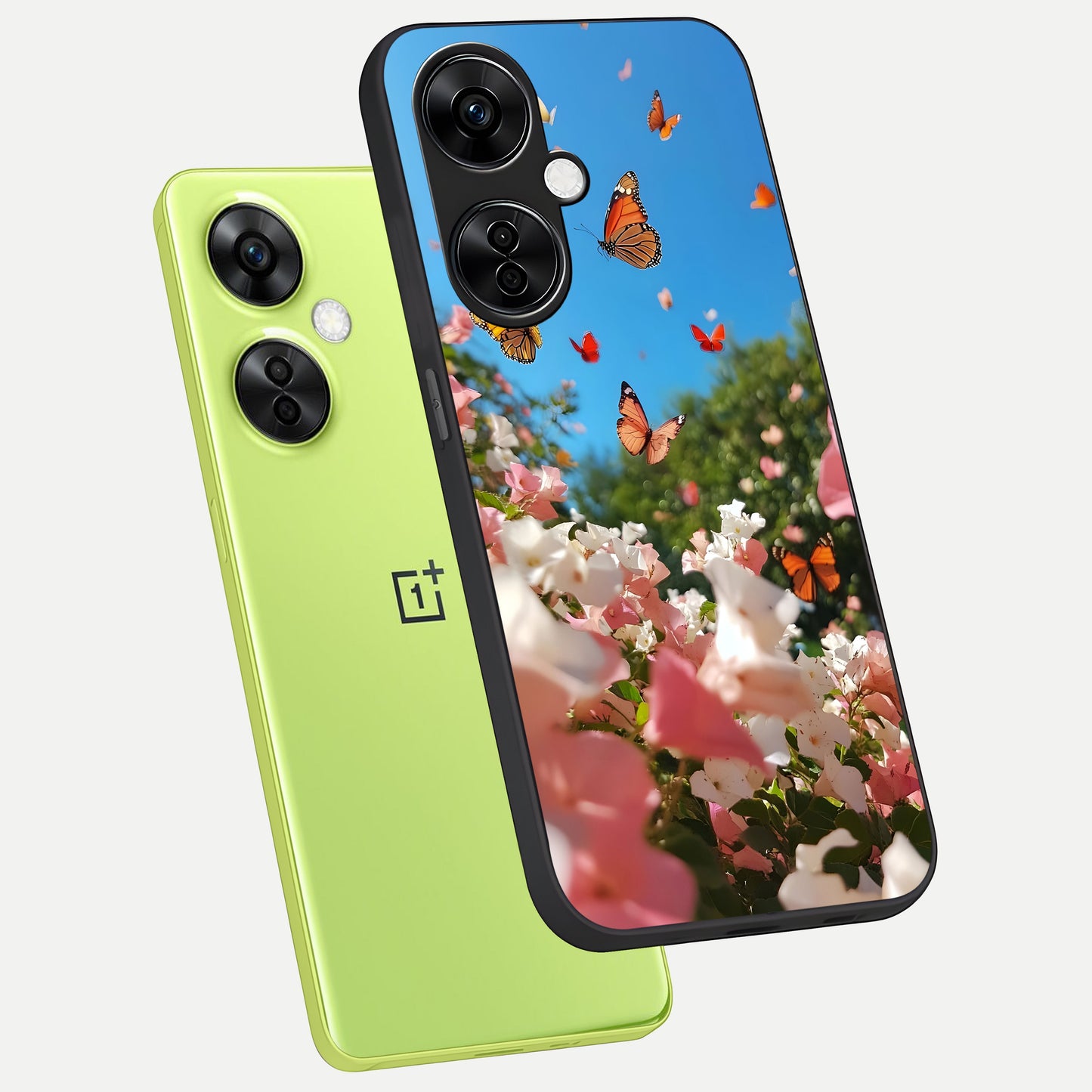  Butterflies In Bloom Sky phone case For Oneplus Nord CE3 Lite showing premium glass back cover with detailed artwork