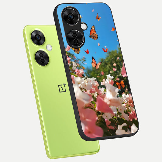  Butterflies In Bloom Sky phone case For Oneplus Nord CE3 Lite showing premium glass back cover with detailed artwork