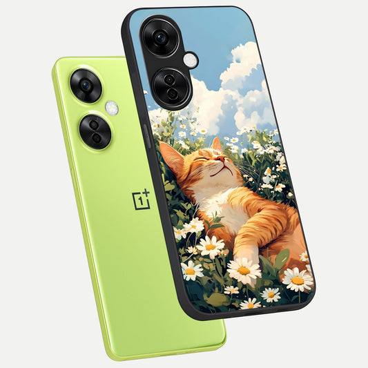  Cat And Flowers View phone case For Oneplus Nord CE3 Lite showing premium glass back cover with detailed artwork