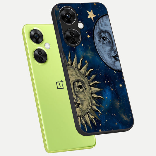  Celestial Moon With Sun phone case For Oneplus Nord CE3 Lite showing premium glass back cover with detailed artwork