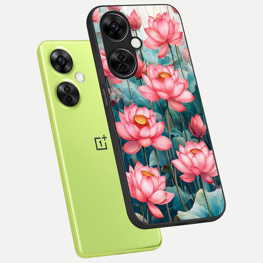  Celestial Pink Lotus phone case For Oneplus Nord CE3 Lite showing premium glass back cover with detailed artwork