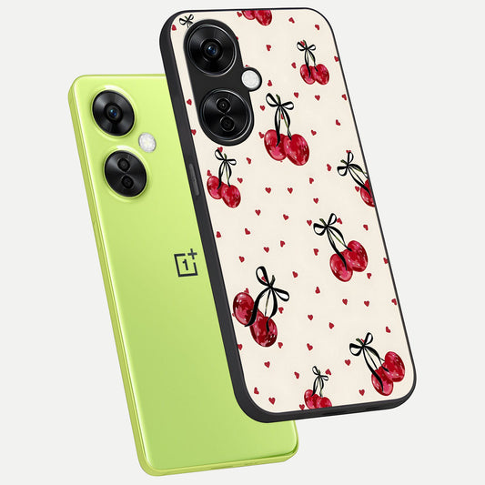  Cherry Heart Bow phone case For Oneplus Nord CE3 Lite showing premium glass back cover with detailed artwork