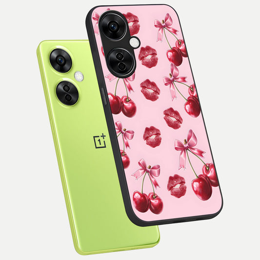  Cherry With Lips phone case For Oneplus Nord CE3 Lite showing premium glass back cover with detailed artwork