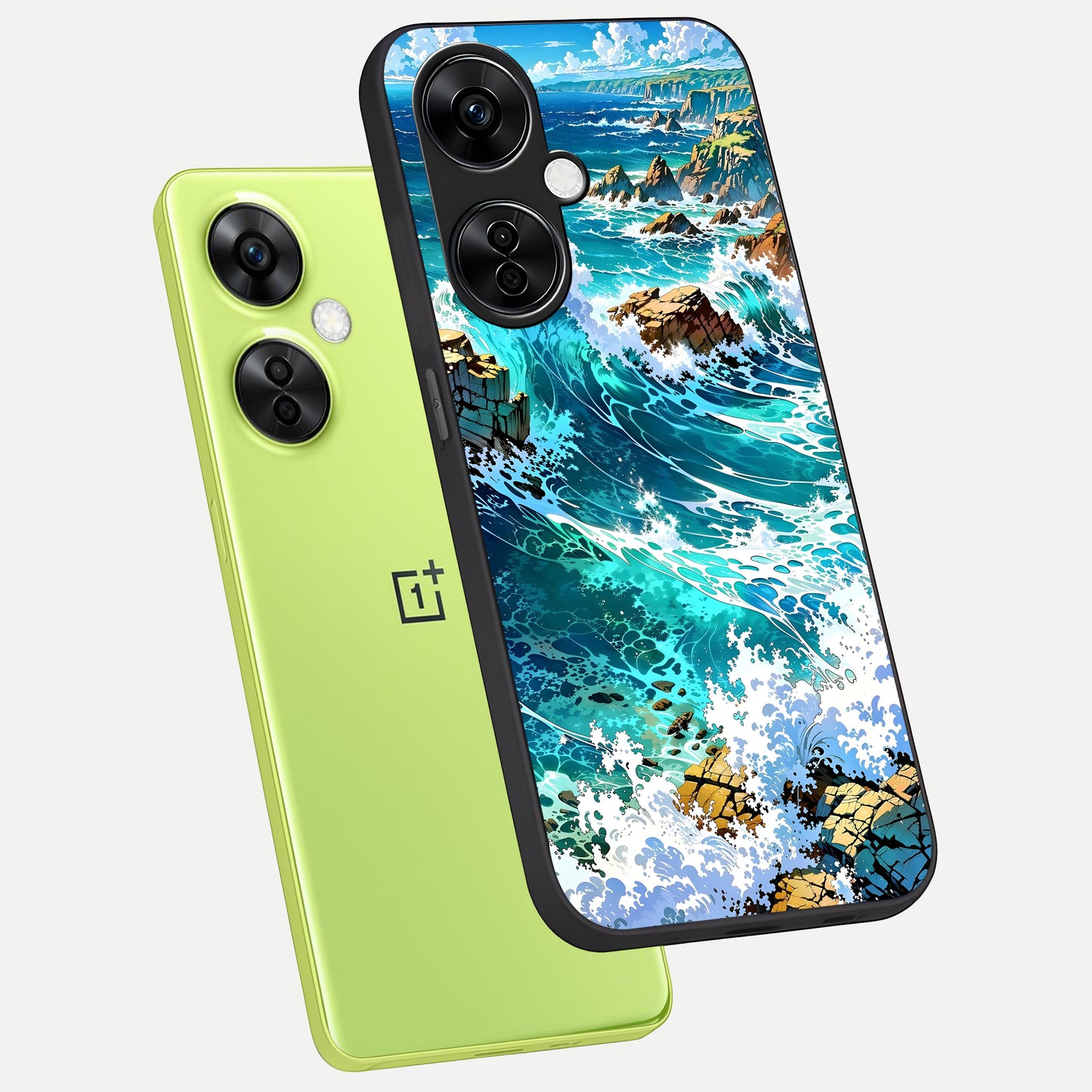  Coastal Blue Waves phone case For Oneplus Nord CE3 Lite showing premium glass back cover with detailed artwork