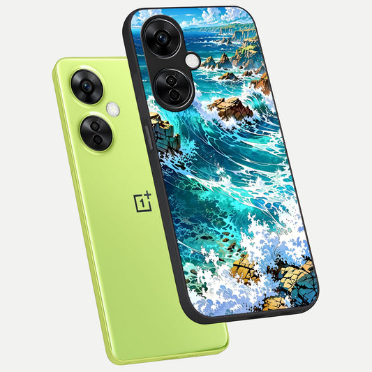  Coastal Blue Waves phone case For Oneplus Nord CE3 Lite showing premium glass back cover with detailed artwork