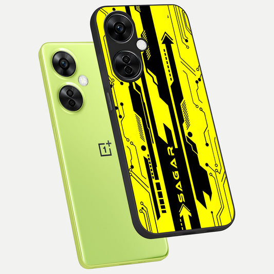  Electric Pulse CYBERPUNK Custom Name phone case For Oneplus Nord CE3 Lite showing premium glass back cover with detailed artwork