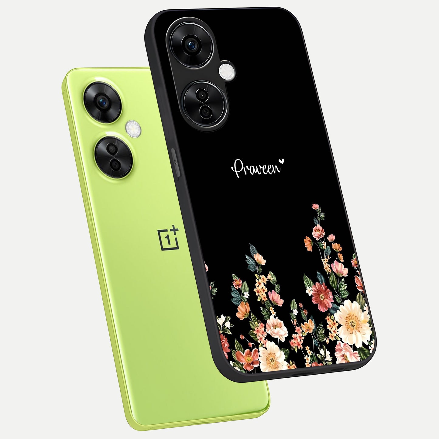  Floral Design Personalized Custom Name phone case For Oneplus Nord CE3 Lite showing premium glass back cover with detailed artwork