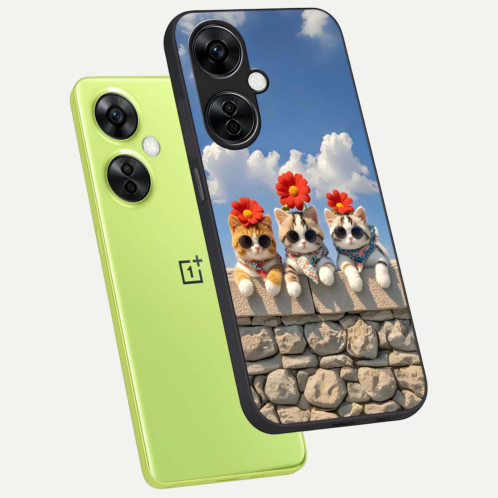  Floral Kitty Squad phone case For Oneplus Nord CE3 Lite showing premium glass back cover with detailed artwork