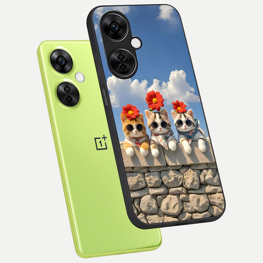  Floral Kitty Squad phone case For Oneplus Nord CE3 Lite showing premium glass back cover with detailed artwork