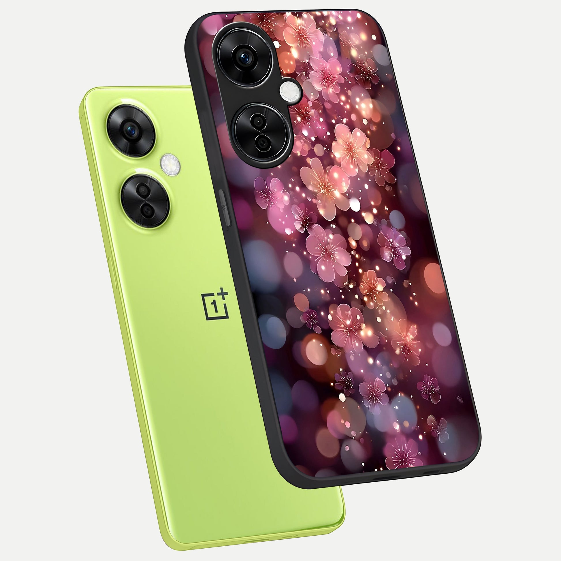  Glowing Petal Bliss phone case For Oneplus Nord CE3 Lite showing premium glass back cover with detailed artwork