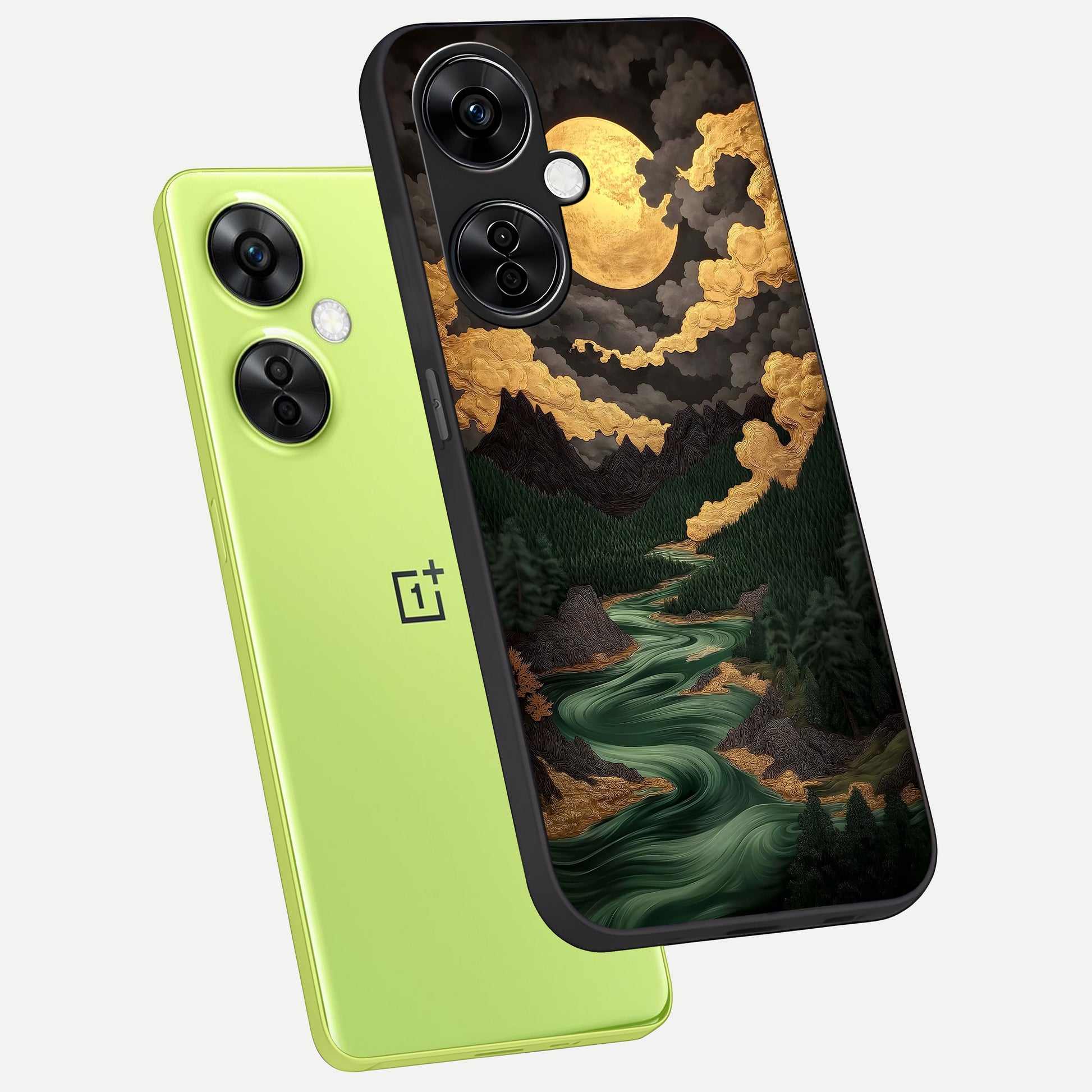  Golden River Moon phone case For Oneplus Nord CE3 Lite showing premium glass back cover with detailed artwork