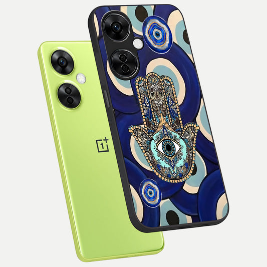  Hamsa Divine Guard phone case For Oneplus Nord CE3 Lite showing premium glass back cover with detailed artwork