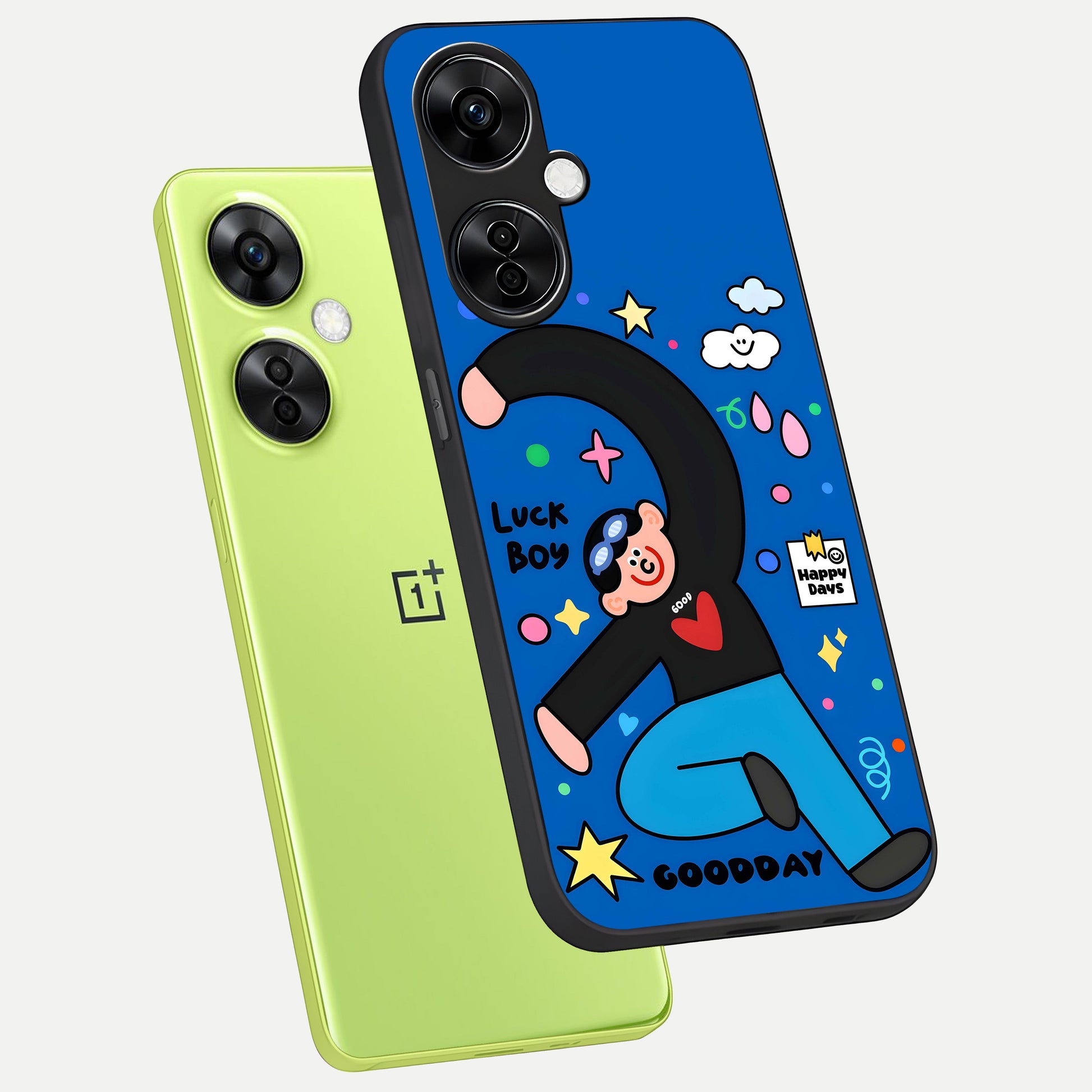  Happy Luck Vibe phone case For Oneplus Nord CE3 Lite showing premium glass back cover with detailed artwork