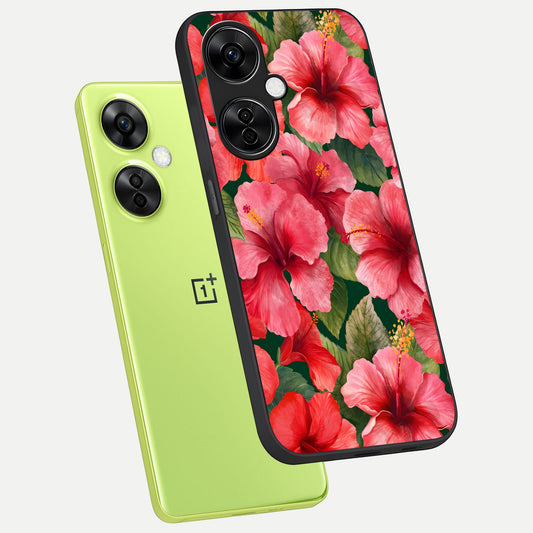  Hibiscus Pattern phone case For Oneplus Nord CE3 Lite showing premium glass back cover with detailed artwork