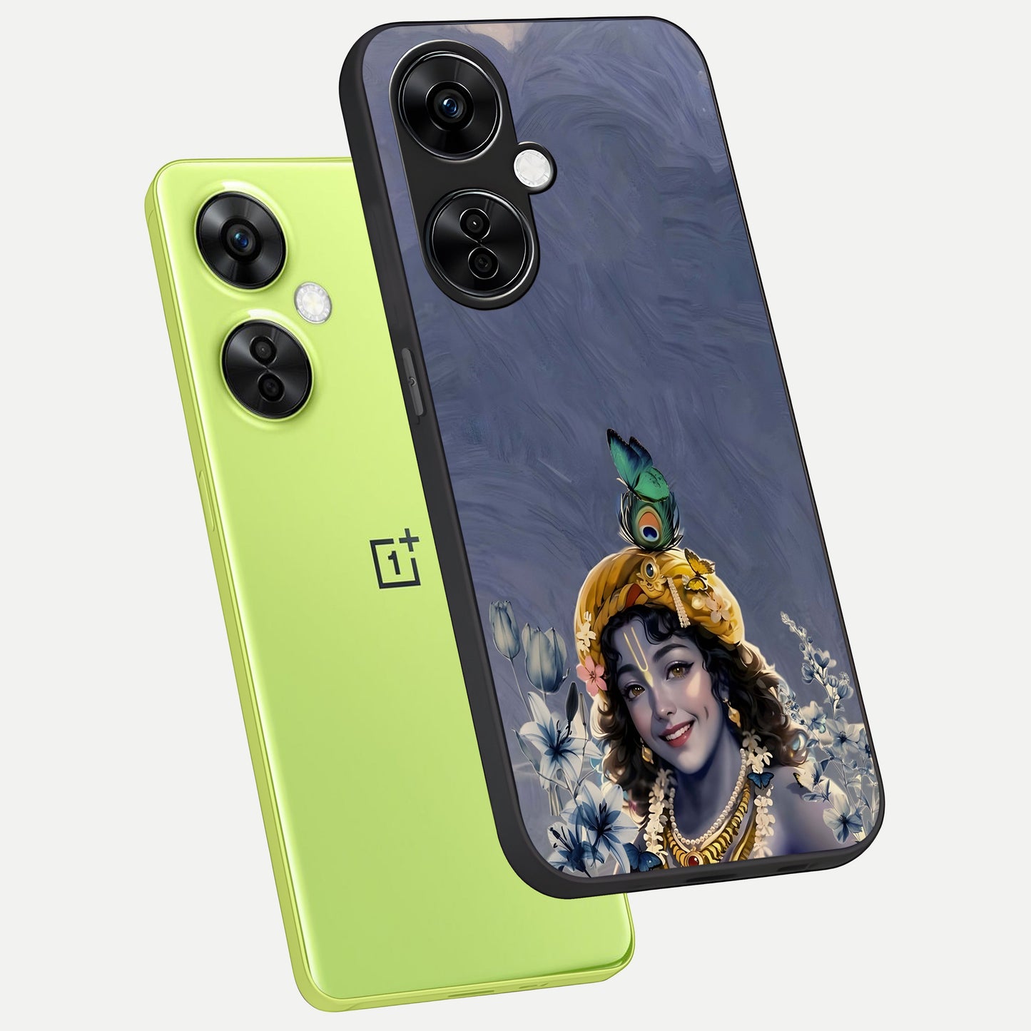  Lord Krishna phone case For Oneplus Nord CE3 Lite showing premium glass back cover with detailed artwork