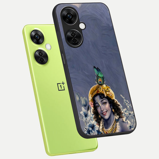  Lord Krishna phone case For Oneplus Nord CE3 Lite showing premium glass back cover with detailed artwork