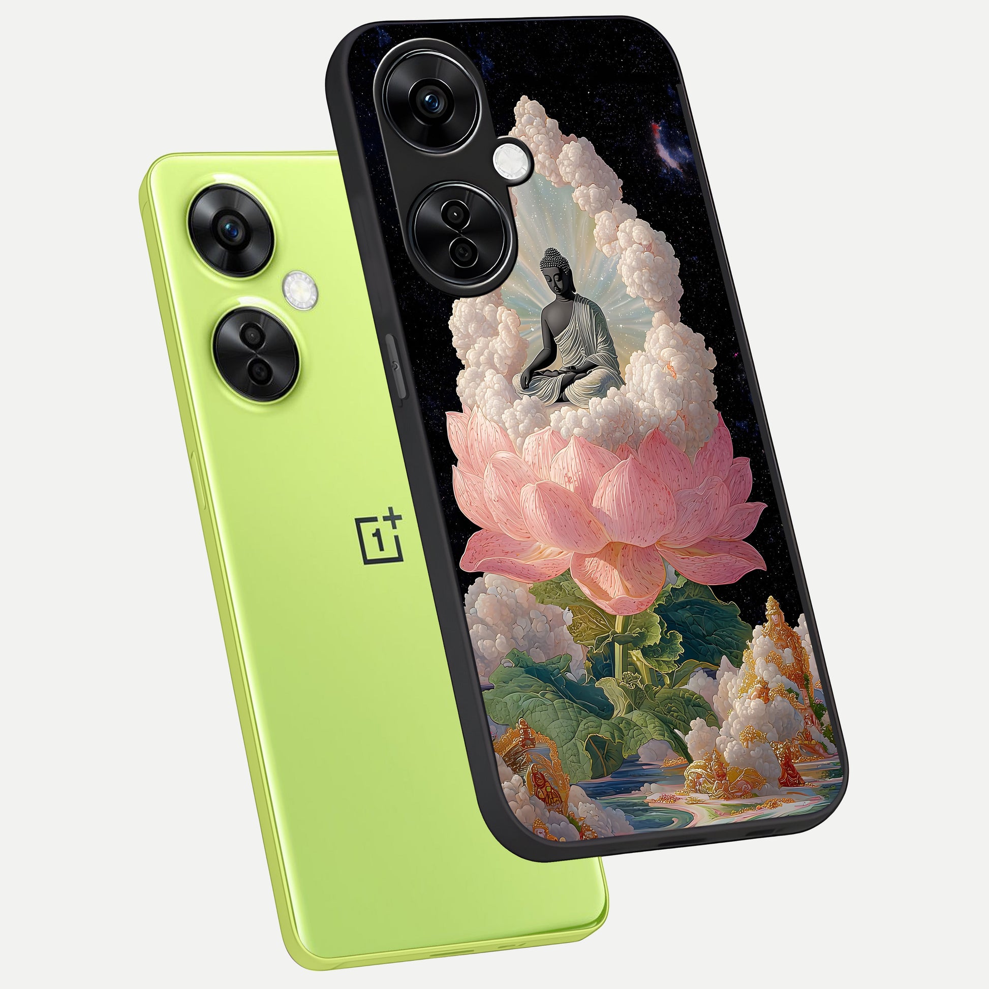  Lotus Divine Peace phone case For Oneplus Nord CE3 Lite showing premium glass back cover with detailed artwork