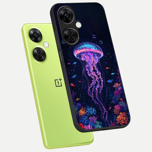  Neon Jellyfish phone case For Oneplus Nord CE3 Lite showing premium glass back cover with detailed artwork