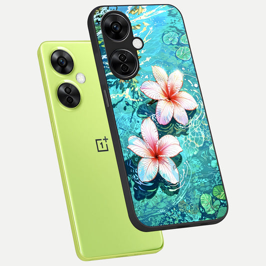  Pink Flowers in Water phone case For Oneplus Nord CE3 Lite showing premium glass back cover with detailed artwork