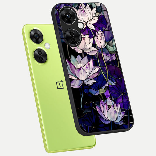  Purple Lotus Pattern phone case For Oneplus Nord CE3 Lite showing premium glass back cover with detailed artwork
