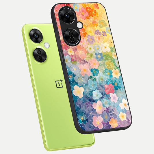  Rainbow Blossom Burst phone case For Oneplus Nord CE3 Lite showing premium glass back cover with detailed artwork