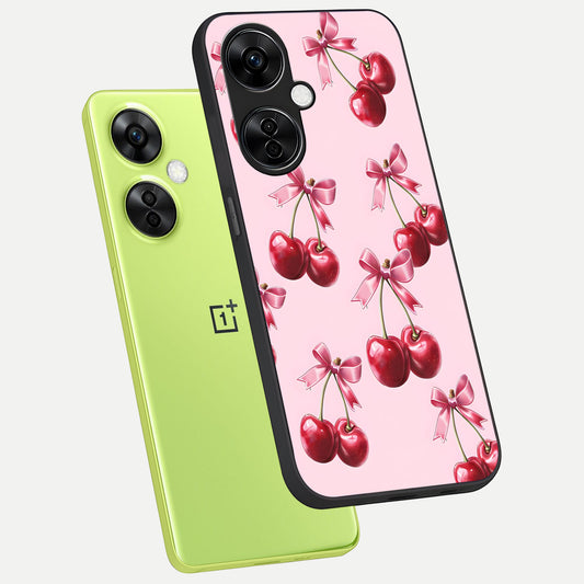  Red Cherries Pattern phone case For Oneplus Nord CE3 Lite showing premium glass back cover with detailed artwork