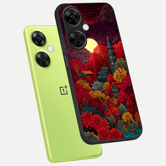  Scarlet Autumn Temple phone case For Oneplus Nord CE3 Lite showing premium glass back cover with detailed artwork