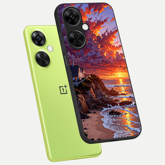  Sunset House By Sea phone case For Oneplus Nord CE3 Lite showing premium glass back cover with detailed artwork
