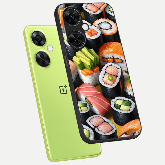  Sushi Food Pattern phone case For Oneplus Nord CE3 Lite showing premium glass back cover with detailed artwork